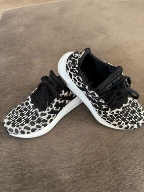 adidas Swift Run Women's Black and White Leopard Knit Athletic Sneakers